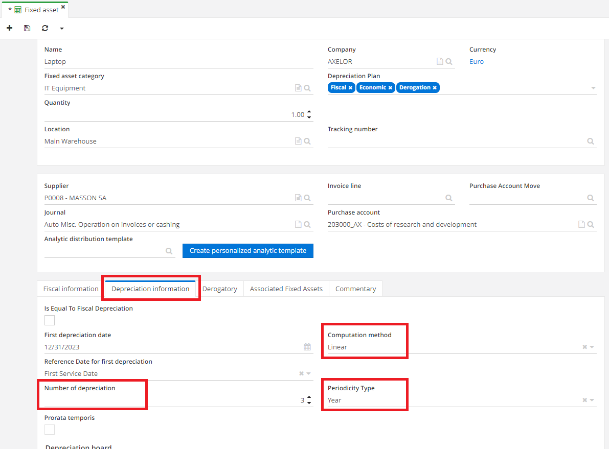 1.2. Depreciation information tab.